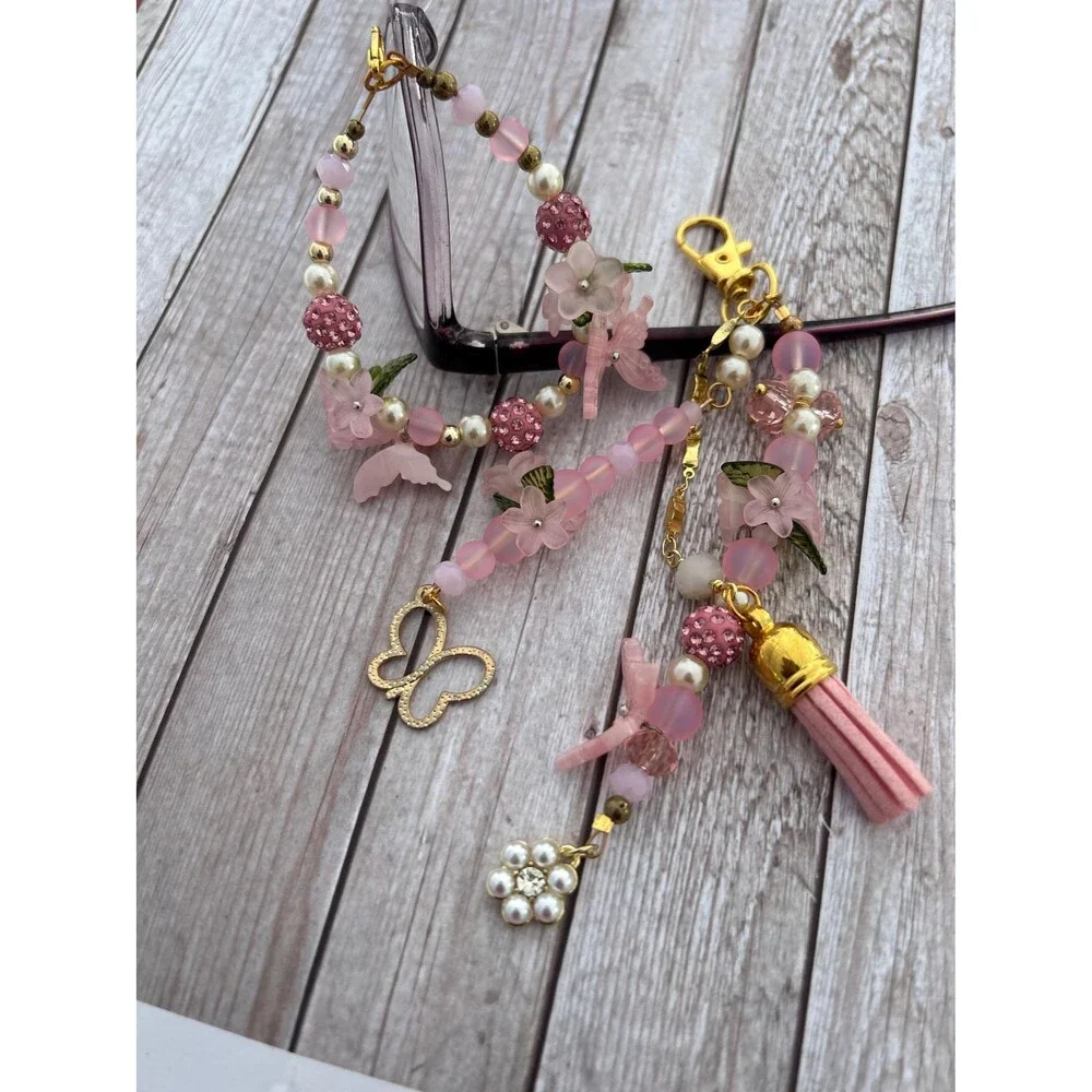 Pink Floral Zipper Pull & Bag Charm Handmade Butterfly Purse Charm